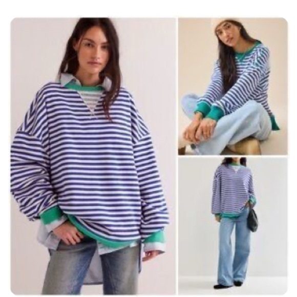 FREE PEOPLE Classic Striped Oversized Crewneck we the free blue green medium - Picture 1 of 9